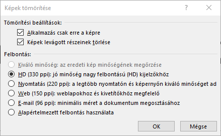 Képek tömörítése párbeszédpanel