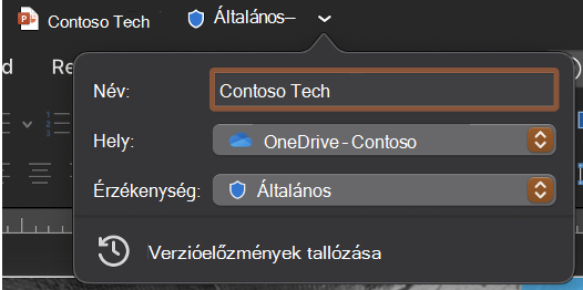 A címsor kibontott legördülő listája, amelyen a fájlnév, a hely és az érzékenység látható.