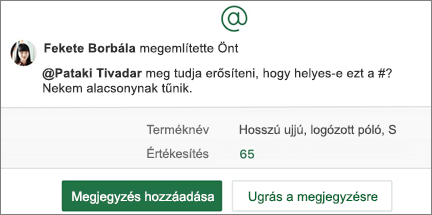 Számolótáblához adott @megemlítés, valamint Megjegyzés hozzáadása és Ugrás a megjegyzésre gombok