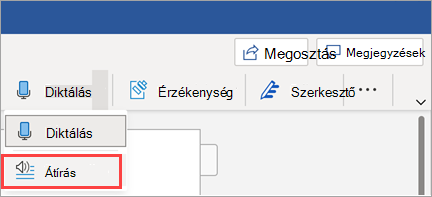 Az Átírás gomb megjelenítése a Word-ben