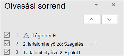 Listaelemek olvasási sorrendben egy dián az átrendezésükre szolgáló fel- és lefelé mutató nyíllal