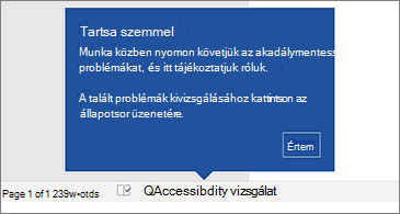 Állapotsor, amelyen látható, hogy fut az Akadálymentesség-ellenőrző