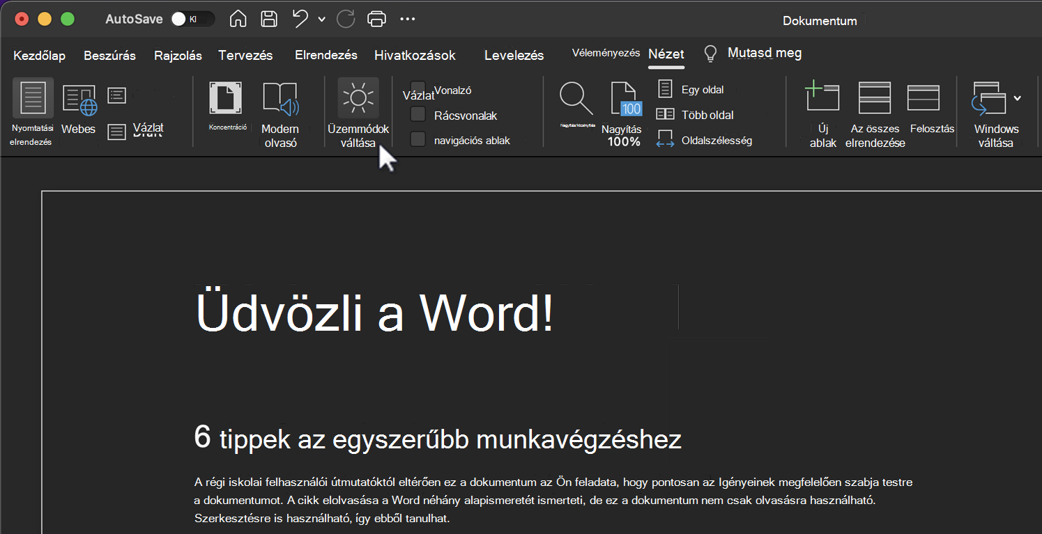 Váltás a Sötét mód funkció üzemmódjai között.