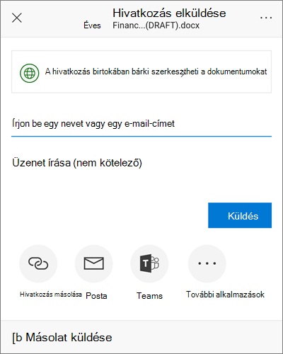 Képernyőkép a megosztási párbeszédpanelről Android rendszerben