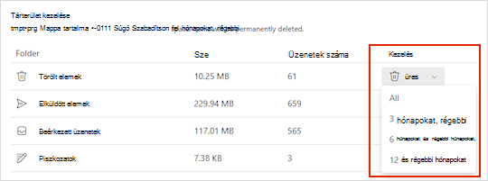 A Outlook.com tárolási beállításai.
