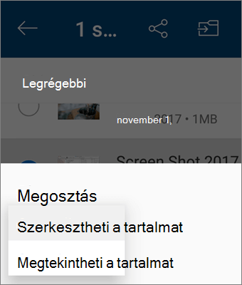 Képernyőkép: az engedélyek módosítása megosztás közben az Android OneDrive appban