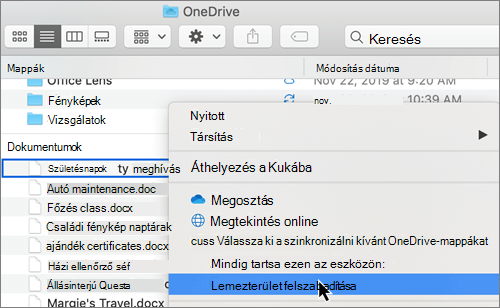 Képernyőkép a OneDrive Files Igény szerinti beállításairól a Finderben Mac gépen