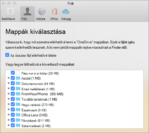 A Mappák kiválasztása párbeszédpanel a OneDrive Mac-hez Beállítások ablakban