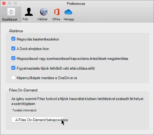 Képernyőkép a Mac OneDrive Files Igény szerinti beállításairól