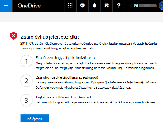 Képernyőkép a zsarolóprogram észlelésének jelei képernyőről a OneDrive webhelyen
