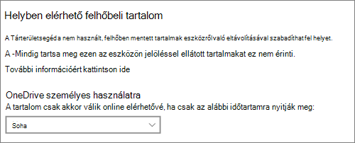 A Windows 10 Storage legördülő menüjéből, amelyen kiválaszthatja, hogy mikor tegye a OneDrive-fájlokat csak online elérhetővé.
