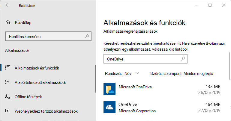 A OneDrive a Windows app-beállításaiban