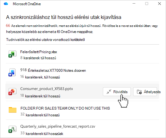 Képernyőkép a OneDrive-fájlok elérési útjának listájáról.