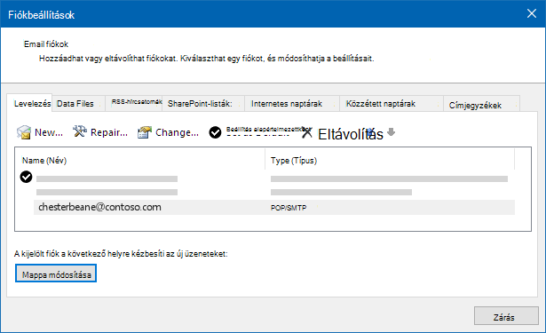 Az Outlook Fiókbeállítások párbeszédpanelje