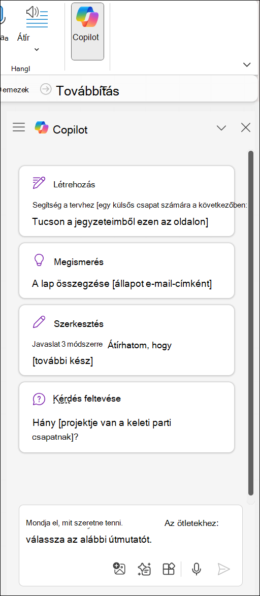 A Copilot-panel a OneNote-ban a lap jobb oldalán.