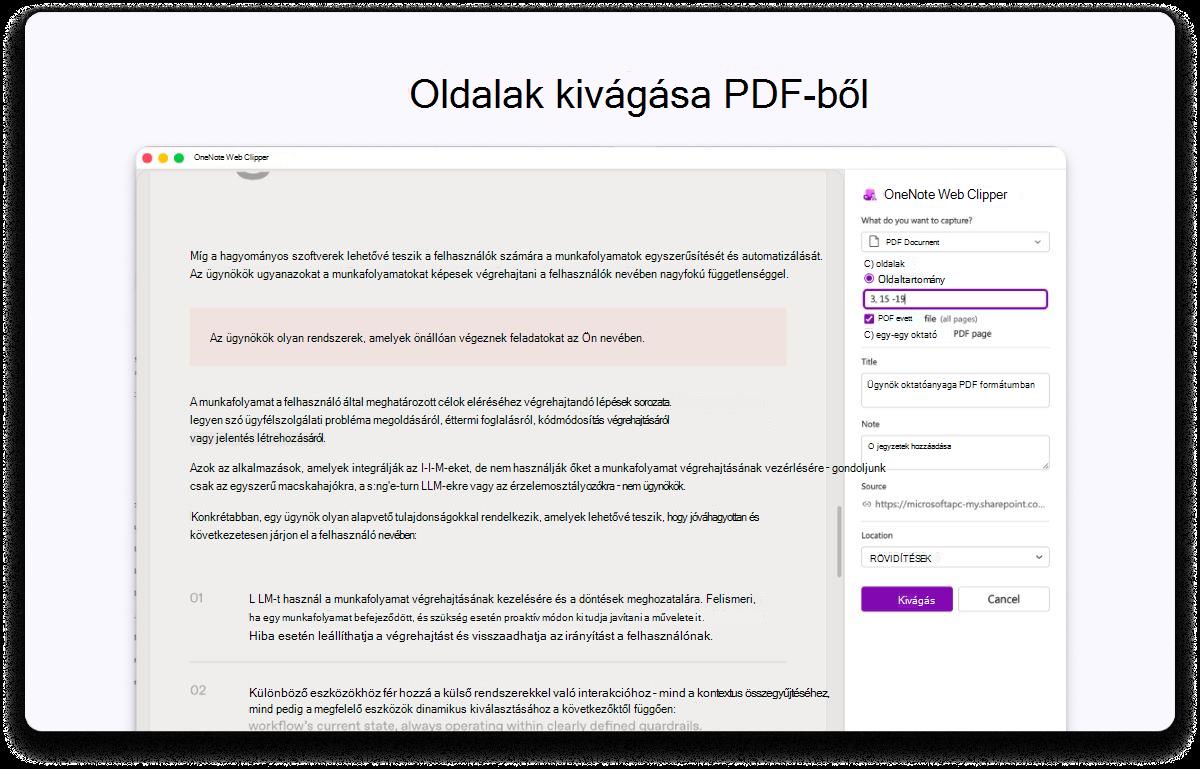 Képernyőkép egy PDF-lapról, amelyen a beállítások megjelenítésére szolgáló oldalpanel látható A képernyő tetején lévő szöveg azt kéri, hogy vágja ki az oldalakat a PDF-ből.