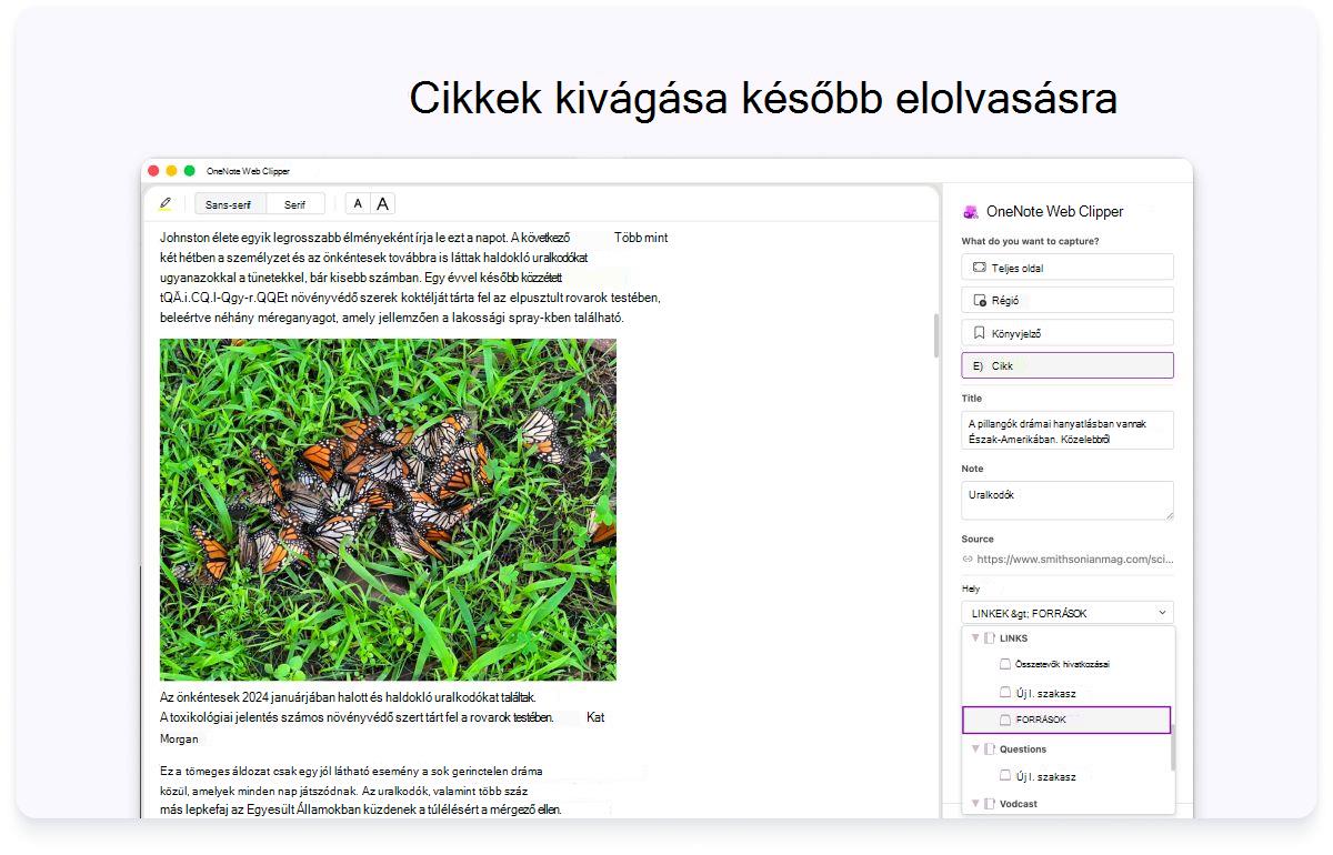 Képernyőkép egy weblapról a beállításokhoz használható oldalpanellel. A képernyő tetején lévő szöveg azt mondja, hogy vágja ki a cikkeket később elolvasandó cikkekként.
