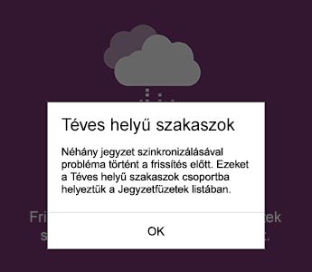 A téves helyű szakaszokról szóló értesítés az Android OneNote-ban