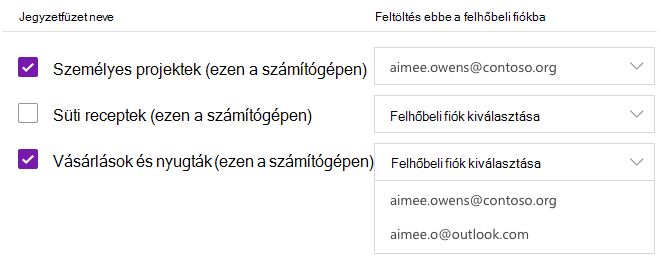 A felhőbeli fiókba való feltöltésre kijelölt jegyzetfüzetek
