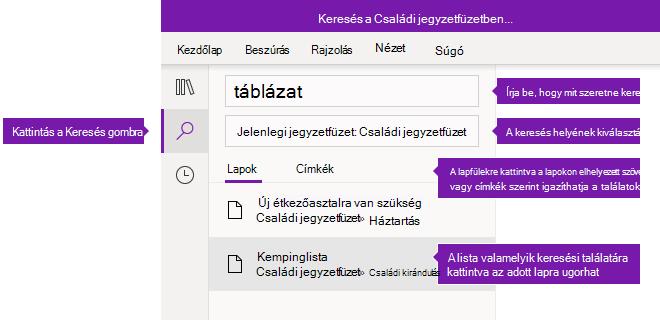 A keresési ablaktábla beállításai a Windows 10 OneNote-ban