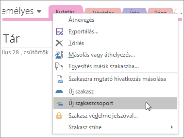 Képernyőkép arról, hogy miként hozhat létre új szakaszcsoportot a OneNote 2016-ban