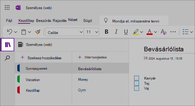 A OneNote webes felhasználói felületének nézete a tartalmi területtel