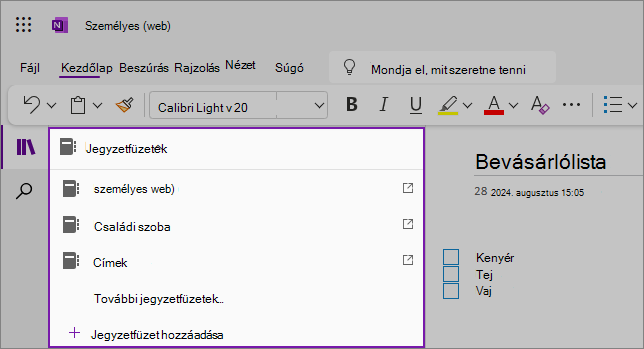 Képernyőkép a OneNote-jegyzetfüzetek legördülő listájáról