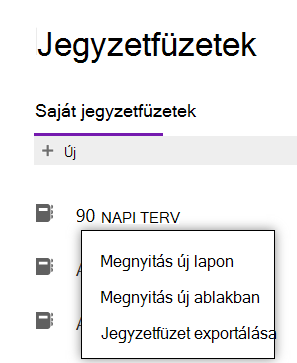 A OneNote Jegyzetfüzet exportálása beállításának menüje