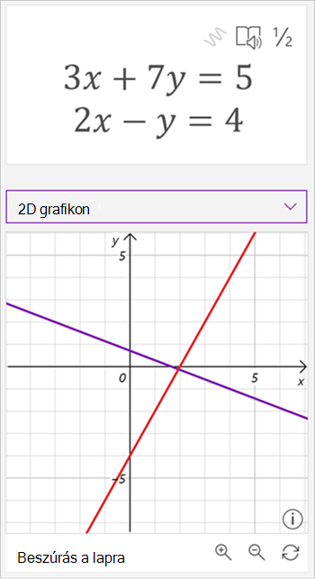 Képernyőkép a Matematikai segéd által létrehozott grafikonról, amelyen a következő egyenletek láthatók: 3 x plusz 7 y egyenlő 5-tel és 2 x mínusz y egyenlő 4-gyel. A grafikon két egymást metsző vonalat mutat, egy lila és egy piros.