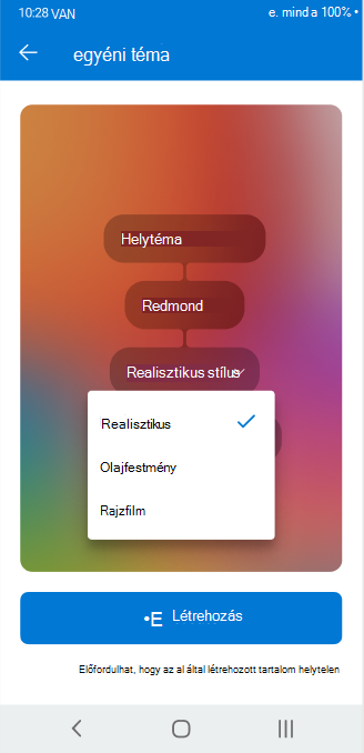 Képernyő az egyéni téma konfigurálható attribútumainak módosításához használt legördülő menüvel az Android Outlookban