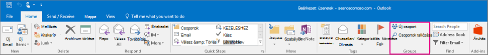 A csoportok beállításai az Outlook fő menüszalagján