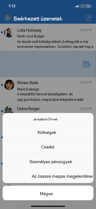 A képen egy Beérkezett üzenetek mappa látható a választható mappák listájával és az összes mappa megjelenítésére szolgáló lehetőséggel.