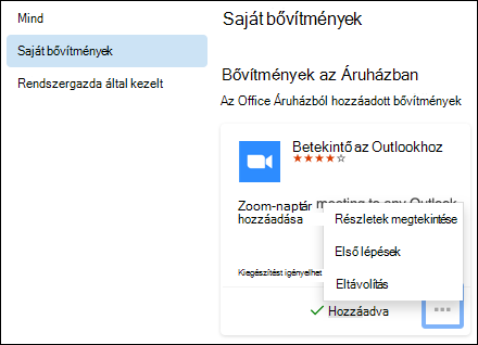 A Saját bővítmények menü a Mac Outlook-ban.