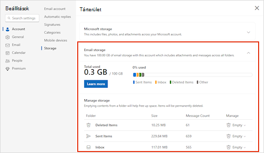 Tárterület menü a Outlook.com számára.