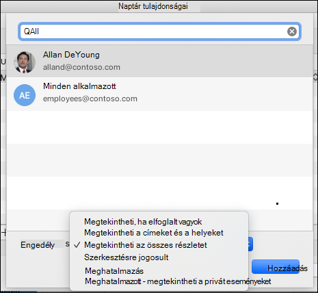 Egy adott e-mail-címhez tartozó delegálási beállítások.
