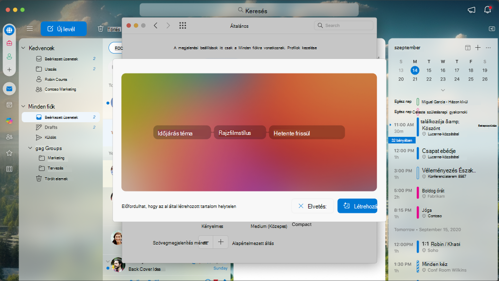 Egy egyéni téma konfigurálható attribútumait megjelenítő képernyő a Mac Outlook alkalmazásban