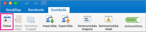 Az Eszközök lap Fiókok gombja
