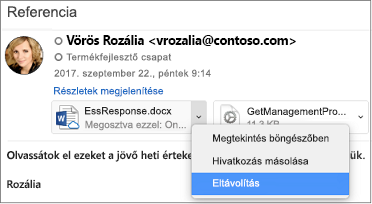 Válassza a lefelé mutató nyilat, majd az Eltávolítás parancsot a melléklet eltávolításához