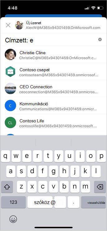 A javasolt címzettek kezelése a Címzett, a Másolatot kap és a Titkos másolat mezőkben az Automatikus kiegészítés mobileszközzel képernyőkép