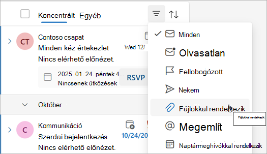 A fájlokkal lehetőséget választva megkeresheti a mellékleteket tartalmazó összes üzenetet.