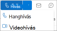 Képernyőkép: hívás legördülő menü az Outlook-névjegykártyán