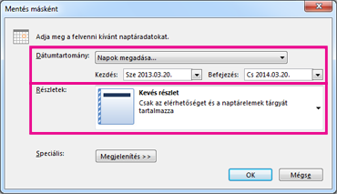 naptár mentése – részletek megadása
