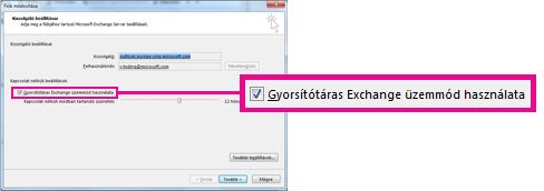 A gyorsítótáras Exchange üzemmód jelölőnégyzetének használata a Fiók módosítása párbeszédpanelen