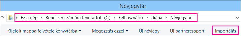 Keresse meg a Névjegyek mappát, és kattintson az Importálás gombra.