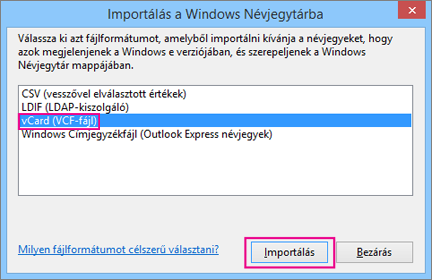 Válassza a vCard lehetőséget, majd az Importálás gombot.