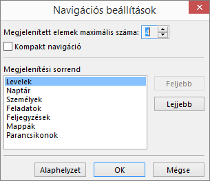 Gyorselérési eszköztár – Navigációs beállítások párbeszédpanel
