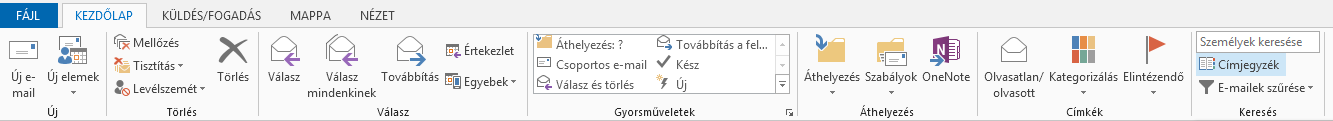 A címjegyzék a Kezdőlap lapon, a menüszalag jobb oldalán található.