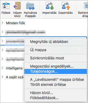 Egy Exchange-mappa helyi menüje, amelyben a Tulajdonságok parancs van kiválasztva
