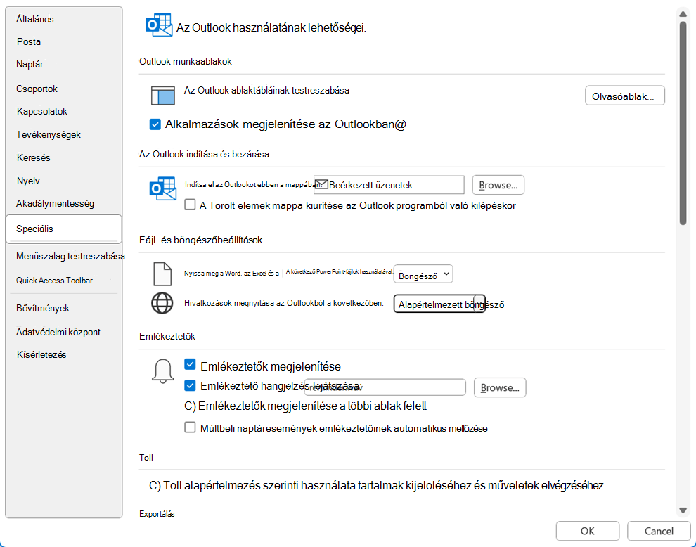 Az Outlook beállításai párbeszédpanel Speciális lapja