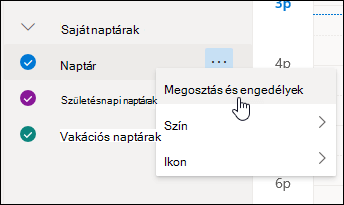 A kurzor képernyőképe, amely a Megosztás és engedélyek felett mozog a naptár helyi menüjében